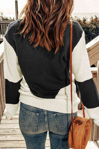 Woven Right Two-Tone Openwork Rib-Knit Sweater
