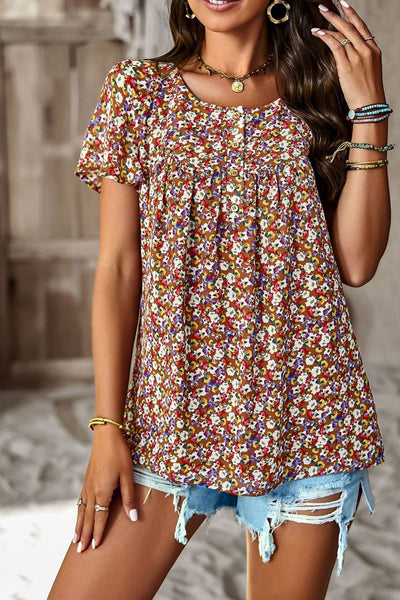 Floral Round Neck Curved Hem Top