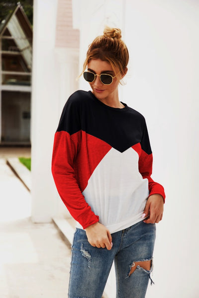 Color Block Round Neck Long Sleeve Top