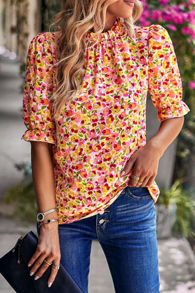 Floral Ruffle Collar Flounce Sleeve Top