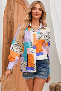 Double Take Patchwork Puff Sleeve Collared Shirt