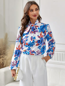 Floral Tie Neck Long Sleeve Blouse