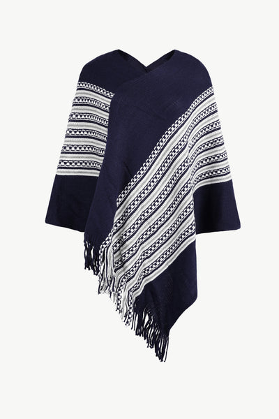 Striped Asymmetrical Fringe Hem Poncho