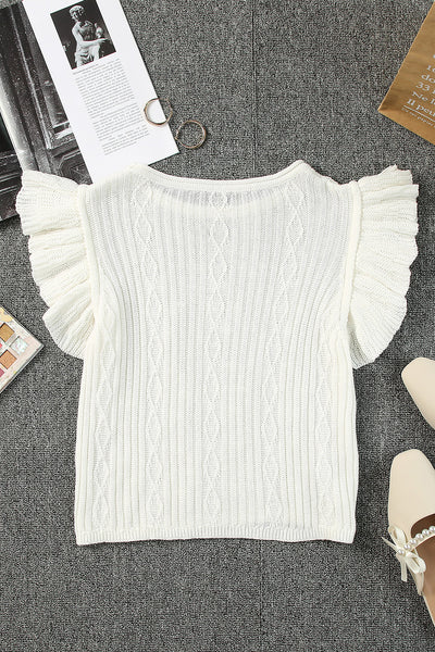 Flutter Sleeve Pompom Detail Knit Top