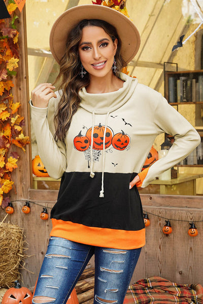 Halloween Print Color Block Drawstring Sweatshirt