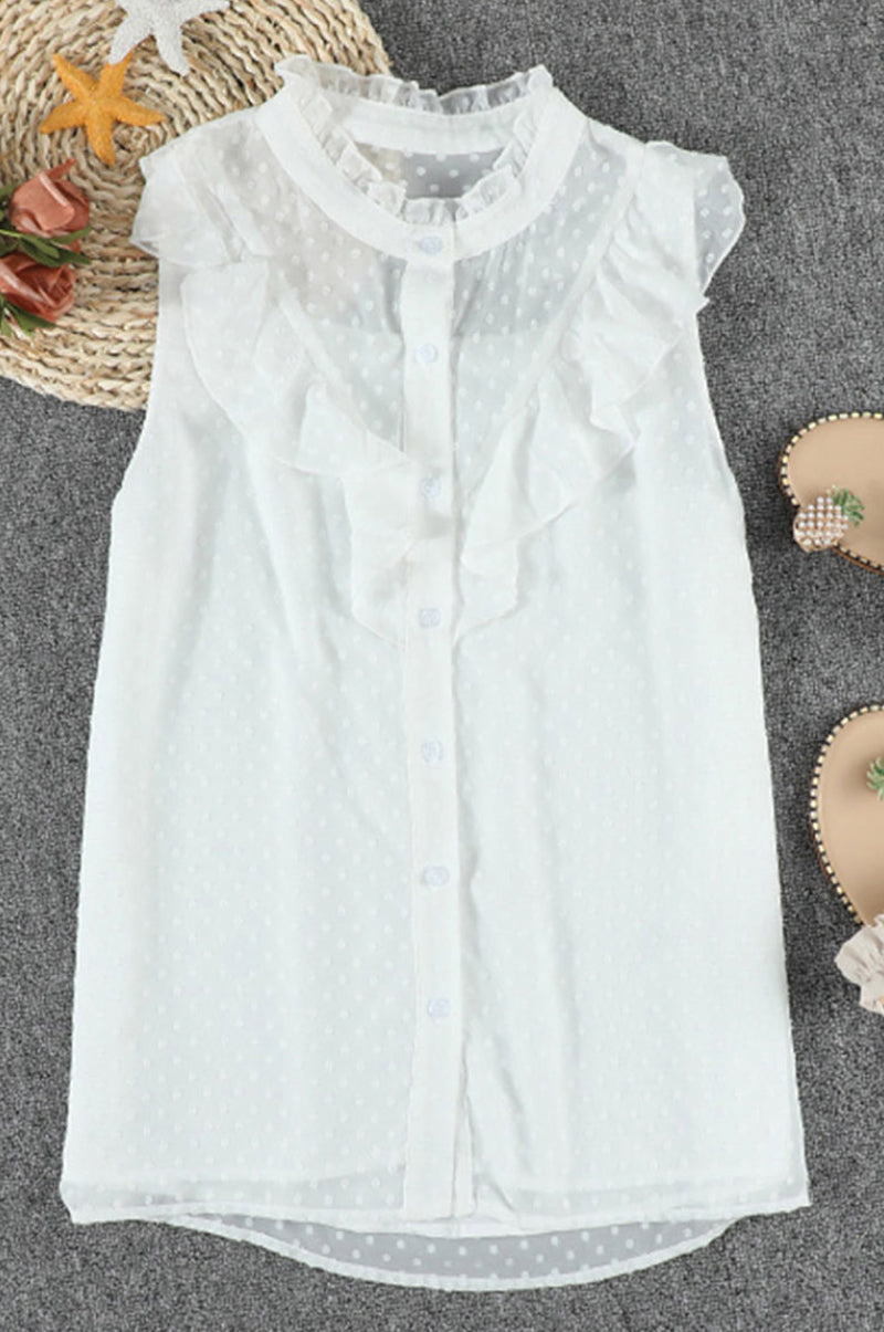 Polka Dot Sleeveless Ruffle Button Down Top