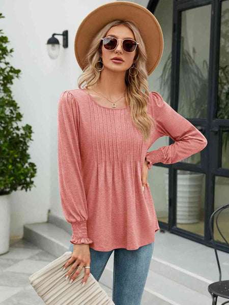 Smocked Round Neck Lantern Sleeve Blouse