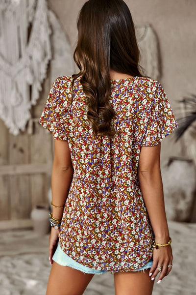 Floral Round Neck Curved Hem Top