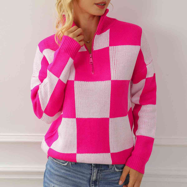 Checkered Half Zip Long Sleeve Sweater