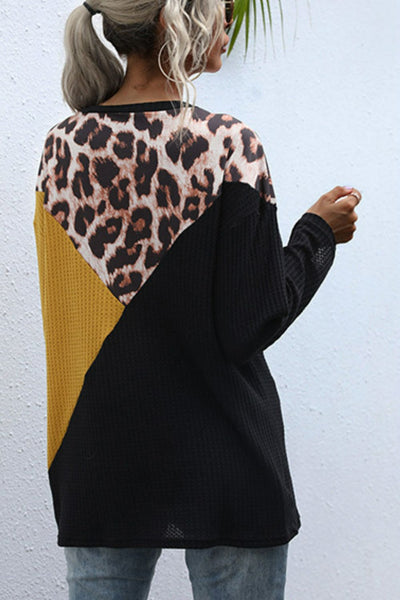 Leopard Color Block Waffle-Knit Top