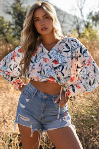 Floral Drawstring Hem Cropped Blouse