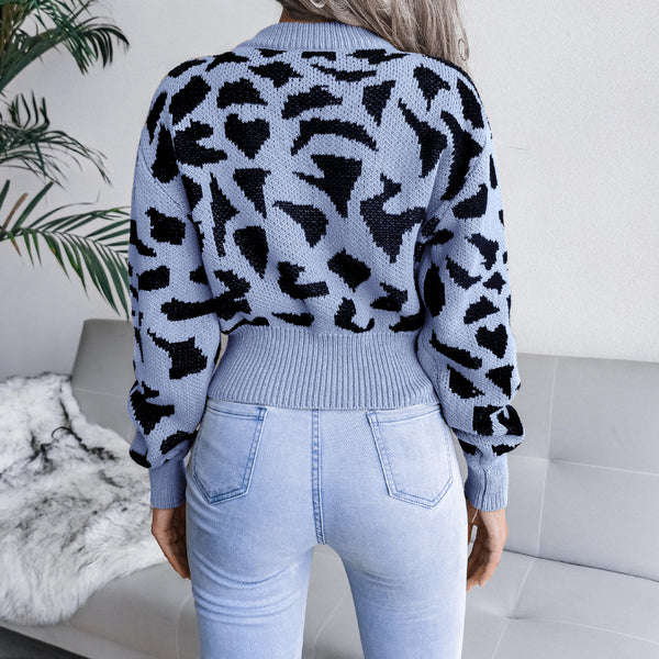 Abstract Print Ribbed Trim Long Sleeve Sweater