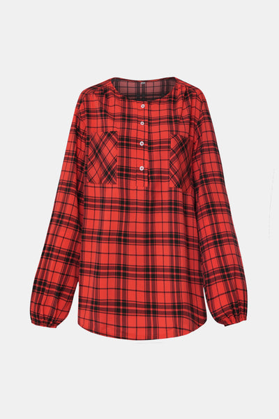 Plaid Scoop Neck Balloon Sleeve Henley