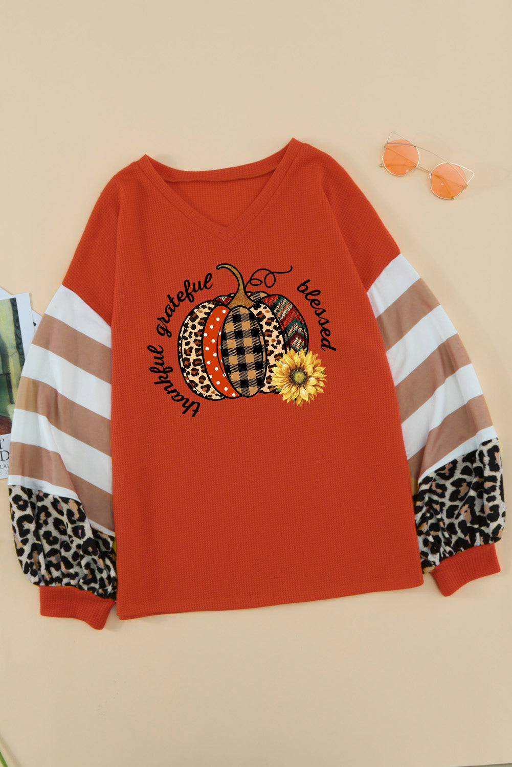 Graphic Striped Leopard Lantern Sleeve Waffle-Knit Top