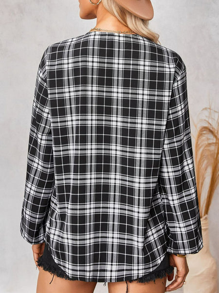 Plaid Scoop Neck Balloon Sleeve Henley