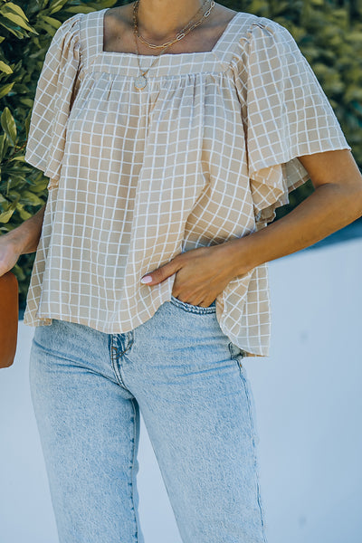 Plaid Tie-Back Square Neck Top