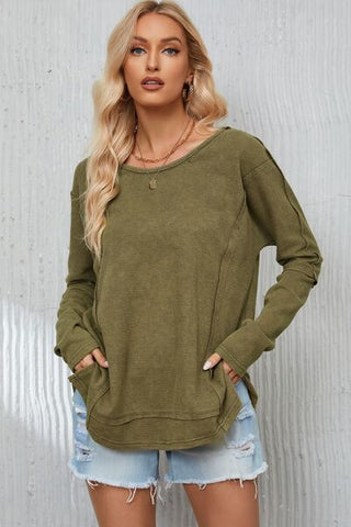 Mineral Washed Exposed Seam Round Neck Long Sleeve Blouse