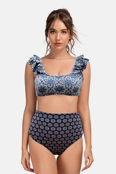 Printed Square Neck Ruffled Bikini Set