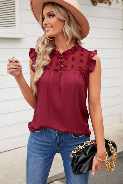 Swiss Dot Ruffle Shoulder Top