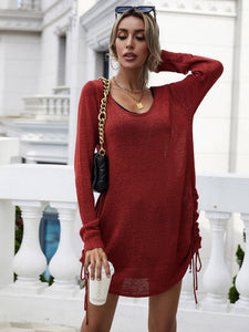 Drawstring Detail Open Back Scoop Neck Knit Top