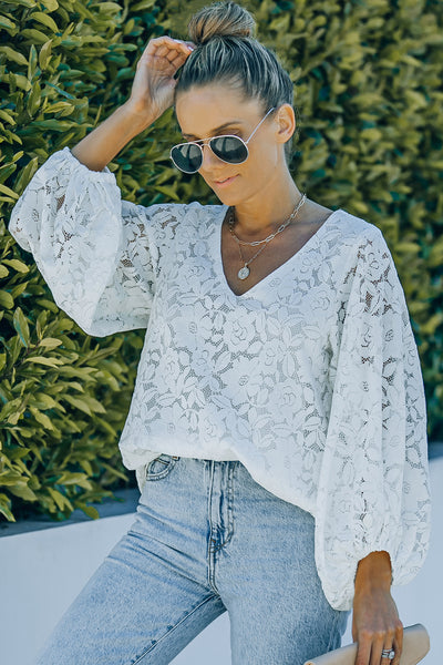 Lace Balloon Sleeve V-Neck Tunic Blouse