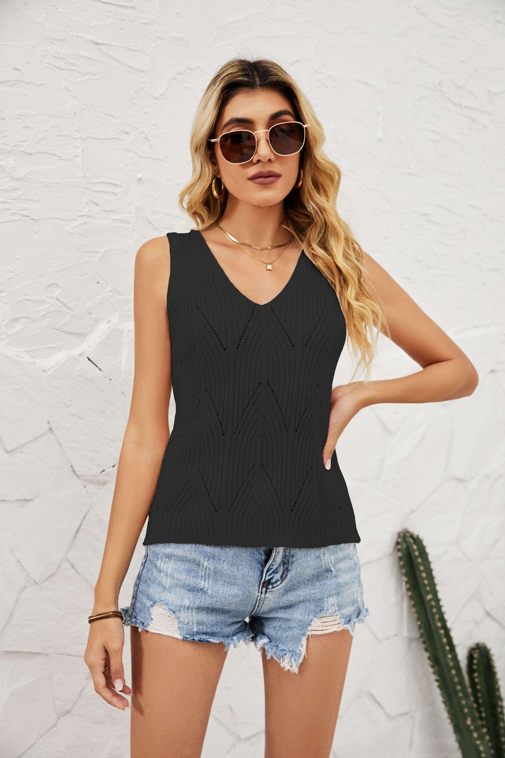 Eyelet V-Neck Sleeveless Knit Top