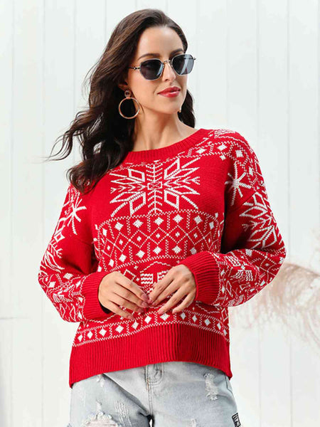 Snowflake Pattern Round Neck Sweater