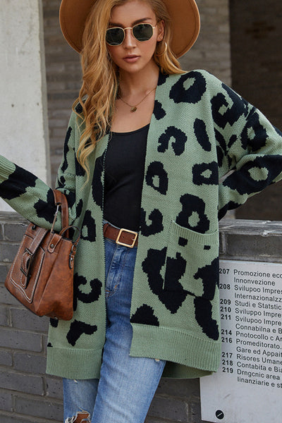 Leopard Print Open Front Sweater with Pockets