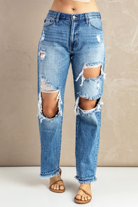 Frayed Hem Distressed Jeans with Pockets