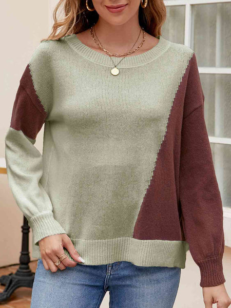 Contrast Round Neck Long Sleeve Knit Top