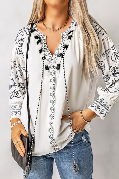 Printed Tassel Tie Puff Sleeve Blouse