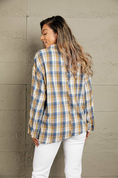 Double Take Plaid Raw Hem Dropped Shoulder Johnny Collar Shirt