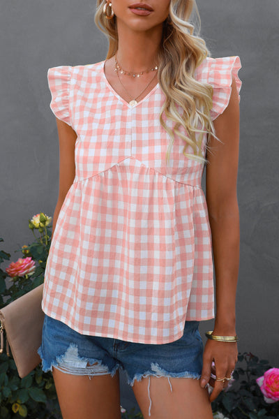 Gingham Flutter Sleeve Keyhole Top