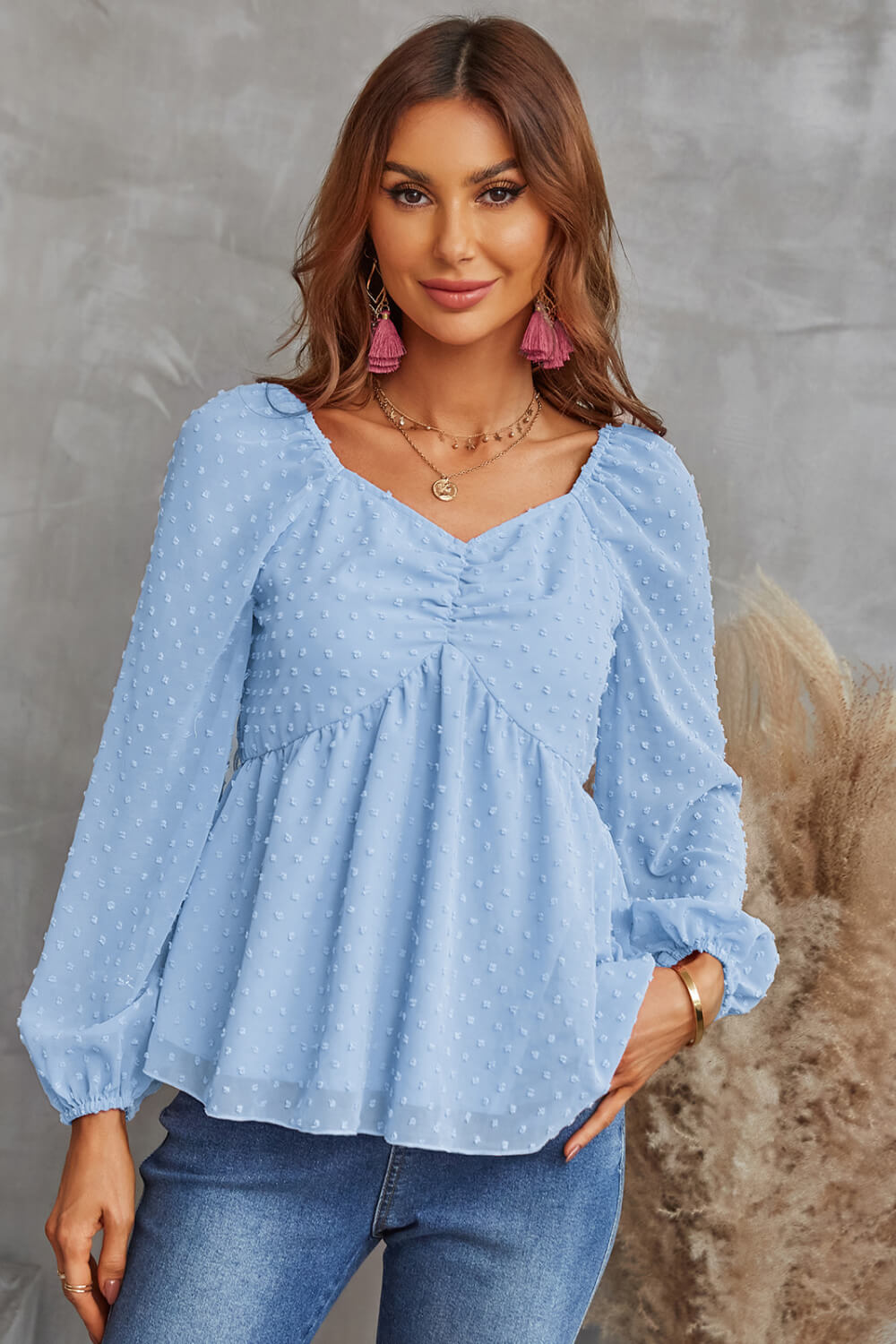 Swiss Dot Ruched V-Neck Babydoll Blouse