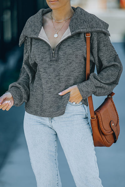 Heathered Ribbed Turtleneck Quarter-Zip Top