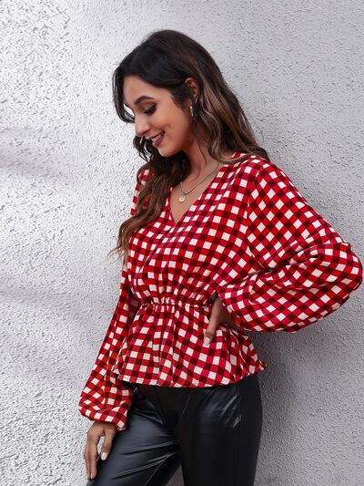 Plaid V-Neck Balloon Sleeve Peplum Blouse