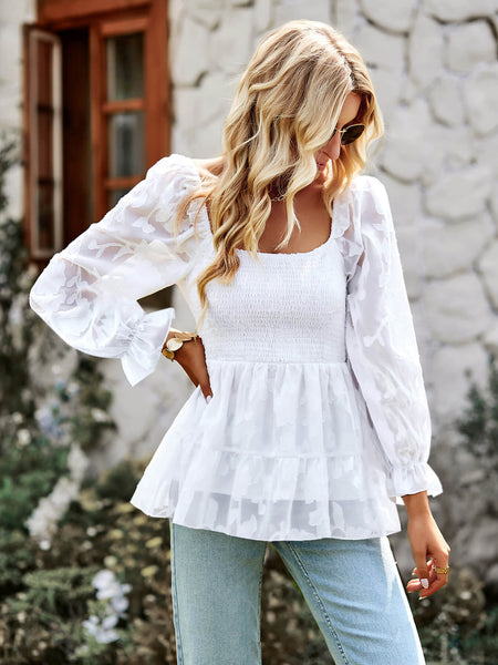 Flounce Sleeve Applique Smocked Peplum Top