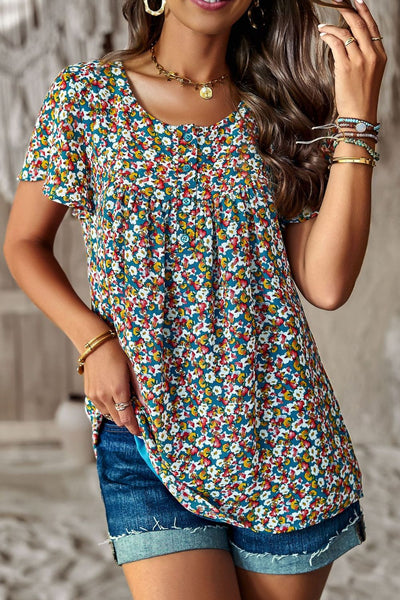 Floral Round Neck Curved Hem Top