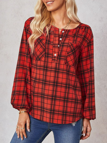 Plaid Scoop Neck Balloon Sleeve Henley