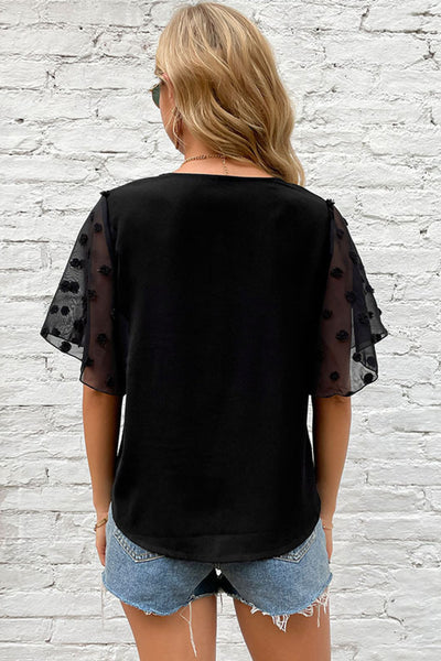 Swiss Dot Flutter Sleeve V-Neck Blouse