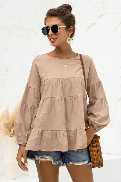 Round Neck Bubble Sleeve Tiered Blouse