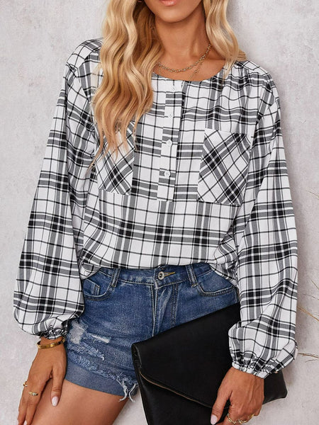 Plaid Scoop Neck Balloon Sleeve Henley