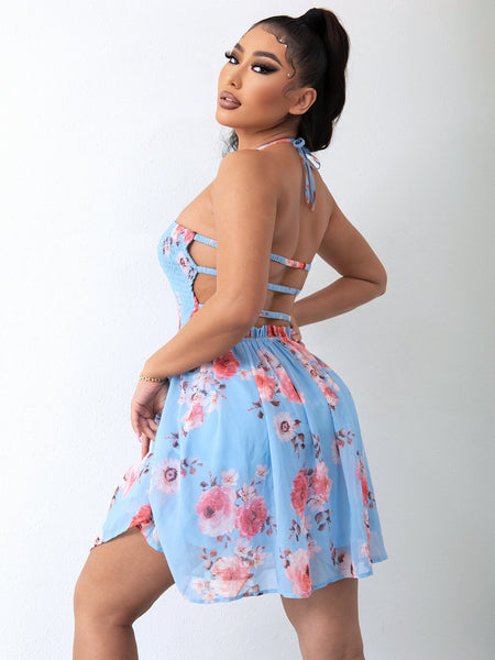 Floral Halter Neck Smocked Dress