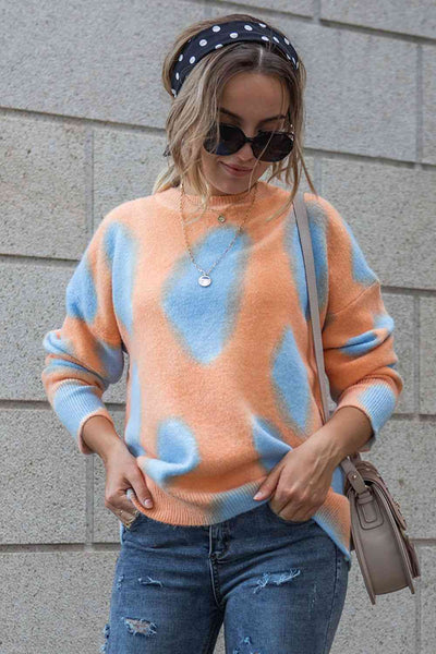 Printed Round Neck Dropped Shoulder Pullover Sweater