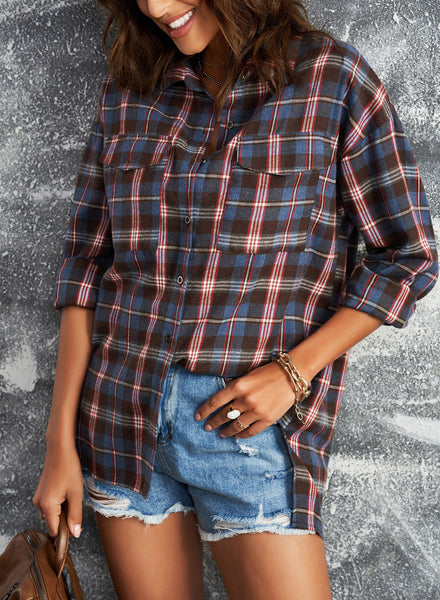 Plaid Slit High-Low Shirt with Pockets