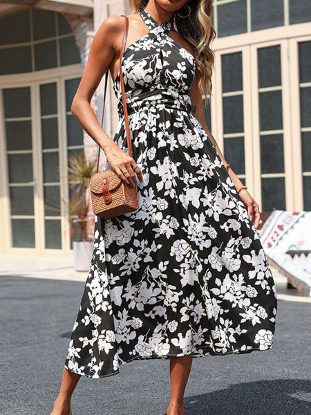 Printed Tie-Back Backless Midi Dress