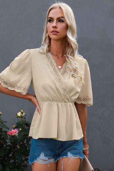 Lace Trim V-Neck Peplum Blouse