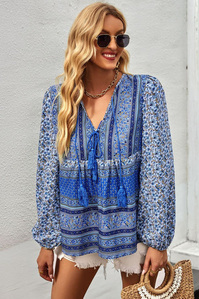 Bohemian Tassel Tie Puff Sleeve Blouse