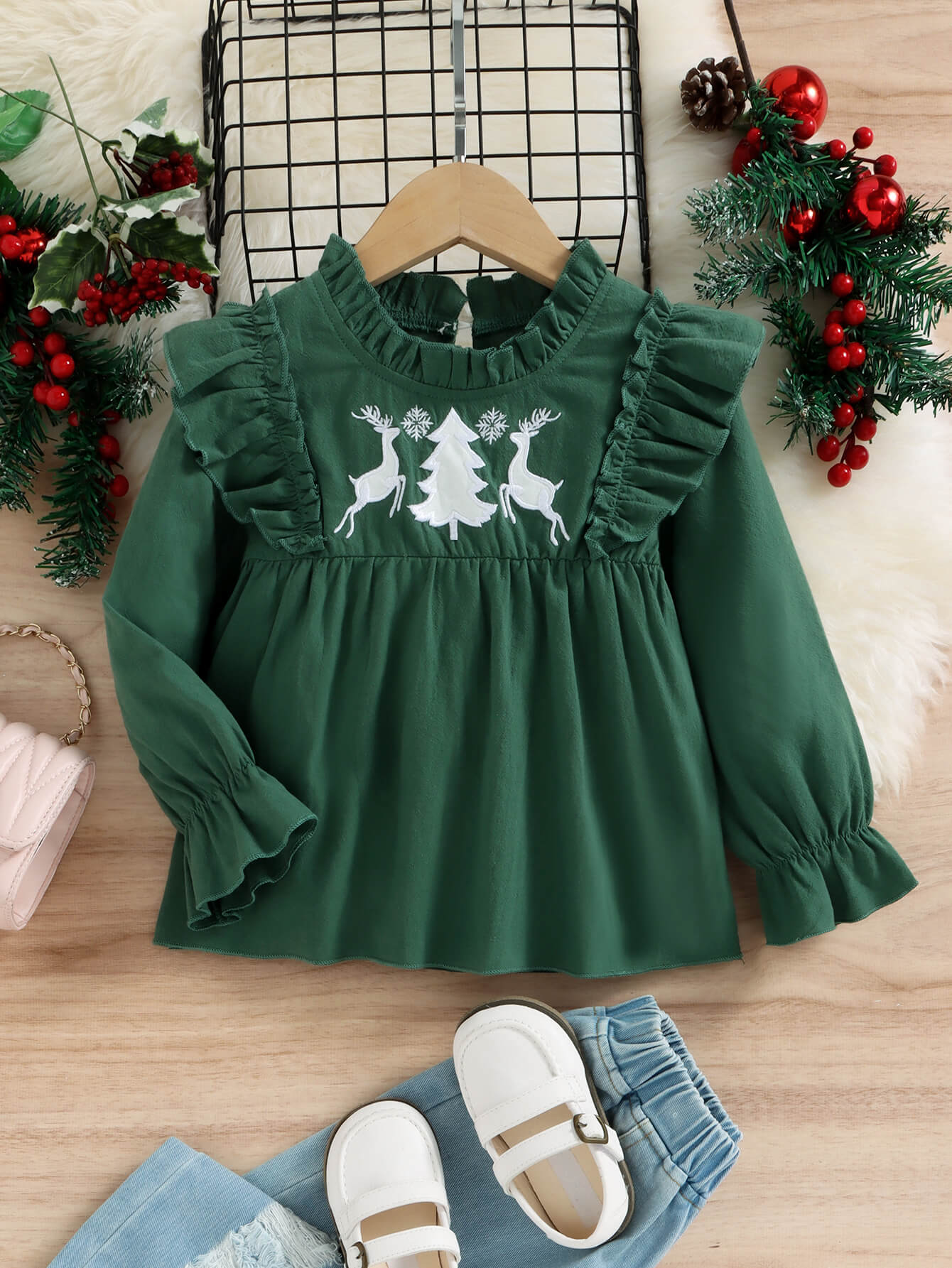 Girls Christmas Reindeer Graphic Babydoll Top