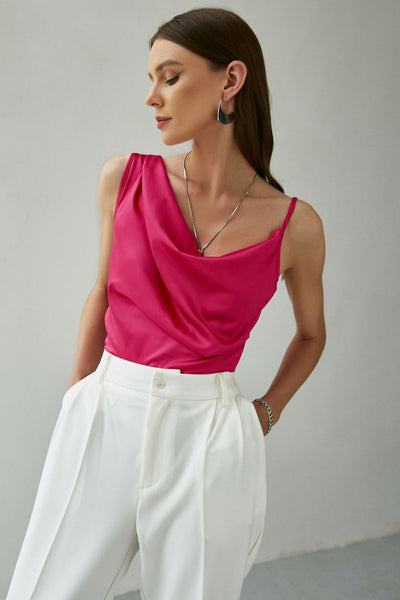 Asymmetrical Side Zipper Satin Top